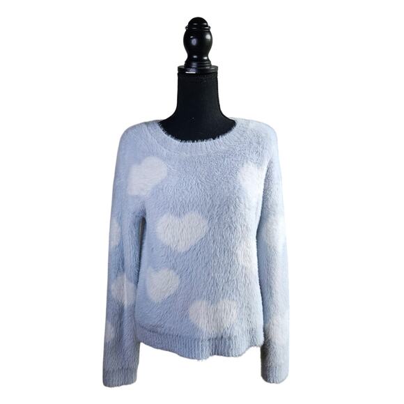 Versona Faux Fur Furry Winter Sweater Light Blue Heart Print Size Small - Picture 1 of 9